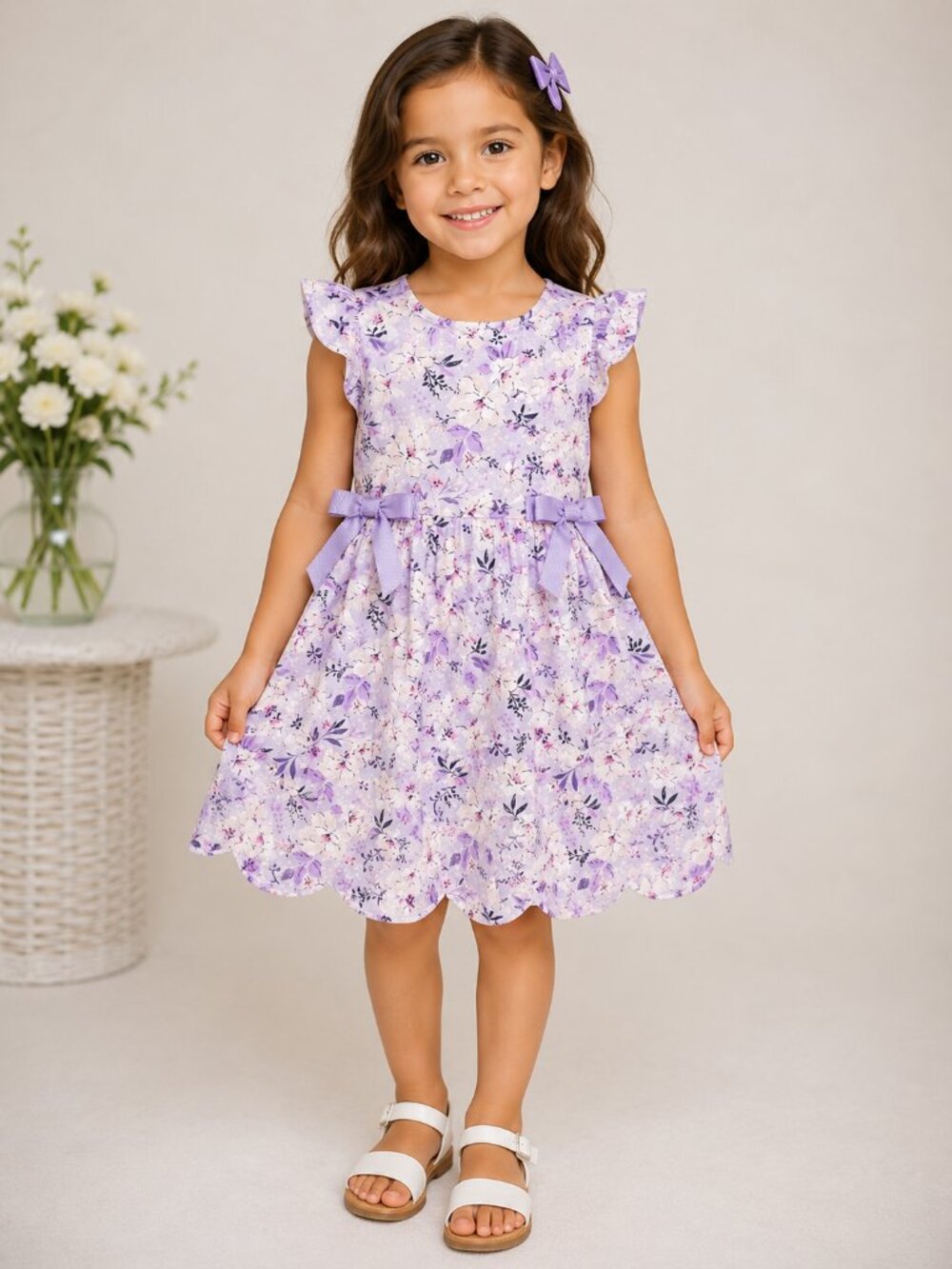 Haute Hippie Kids Girls Floral Dress Size 5-6 Years Purple Flutter Sleeve Party